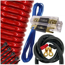 Audiobank Complete HOT 0 Gauge 6000 Watts Car Amplifier Installation Power Wiring Kit Thick 17 Feet FT 0 Gauge Power 150A + 200A Fuse Included -Red