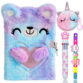 PESLNG Cat Plush Notebook Set, Diary Girls Notebook for Girls Plush A5 Travel Diary School Notepad Children Girls Festival Birthday Gift, Cartoon Bear Diaries