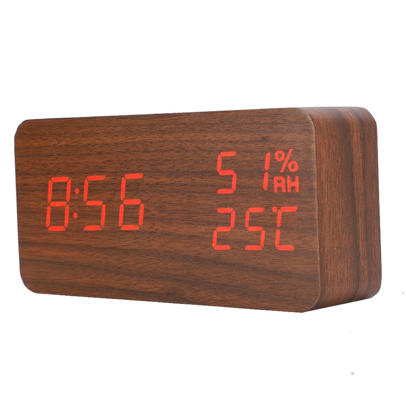 Wooden Alarm Clock LED Voice Control Desk Rectangular Brown Wood