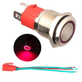 GUUZI 12V-24V/15A Momentary Push Button, NO Waterproof, Red LED Illuminated 19 mm Metal Power Start Push Button with Socket Cable
