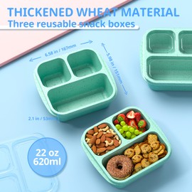 Enstphjoy Snack Boxes (3 Pack) - Stackable Bento Boxes with 3 Compartments, Meal Prep Containers Reusable, Lightweight Lunch Containers for Kids and Adults, BPA Free (Green)