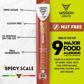 Mission Meats Beef Sticks – 100% Grass Fed & Pasture Raised, Sugar Free, Individually Wrapped Healthy Snacks, Whole 30 & Paleo Friendly, Jalapeno 1oz (Pack of 12)