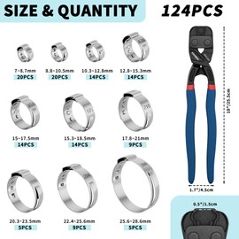 Tivorex 124PCS 10-Sizes Single Ear Hose Clamps, with Ear Clamp Pliers