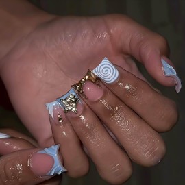 RUOKEXIN Duck Press on Nails French Tip Fake Nails Short False Nails with Designs Glue on Nails Short Nail Press ons Sparkly Artificial Nails Cute Stick on Nails for Women 24Pcs