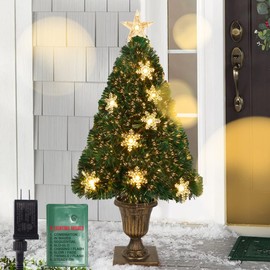 Juegoal 3 FT Pre-Lit Artificial Christmas Tree, Lighted Optical Fiber Entrance Tree in Gold Urn Base with Lights, 8 Lighting Modes, 110 Branch Tips Front Door Porch Entryway Festive Holiday Home Decor