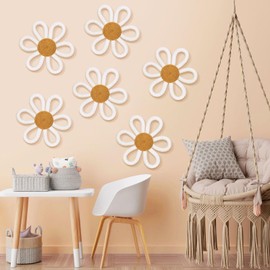 Zeyune 6 Pcs Boho Daisy Flower Wall Art Decor Boho Nursery Wall Art Decor Daisy Flower Woven Macrame Wall Hanging for Home Indoor Decorations(White,Yarn and Cotton Rope)