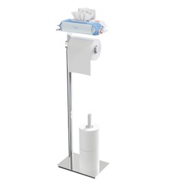 WZKALY Toilet Paper Holder Stand, Free Standing Toilet Paper Holder with Shelf for Bathroom, Stainless Steel Toilet Paper Holder with Storage, Reserve for 3 Rolls, Weighted Base(Chrome)