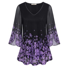 Bebonnie Business Casual Outfits For Women,Ruffle Bell Sleeve Spring Summer V Neck Peasant Black Blouse Chiffon Office Work Clothes Flowy Tunic Tops for Women Casual Elegant Black Violet M