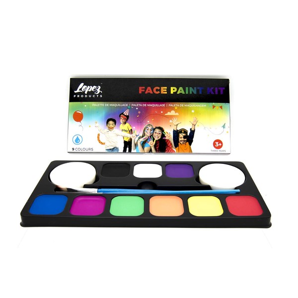 Lopez Products Face Paint Palette 9 Colours + 24 Stencils Set Water based Safe For Kids Face painting Washable Face & Body for Birthday parties Carnival Halloween Holiday Makeup Set Non-toxic