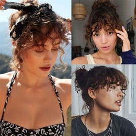 CADTARBAB Bangs Clip-In Short Curly Wavy Hair Clip Hairpiece One Piece Hair Clip in Pony Fringe Extensions Natural Bangs with Temple for Women (Dark Brown)