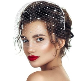 UTXN White Veil Headband, Fascinator Hat, White Lace Veil, Women Accessories, 1920s Headband, Women's Short Vails with Rhinestone, Fascinators for Weddings, Wedding Veil, for Funeral Weddings