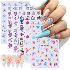 6 Sheets Colorful Flower Nail Stickers Spring Summer Gradient Flower Nail Decals with Black Border Design 3D Self-Adhesive Nail Design Stickers for Women Girls DIY Manicure Decoration Supplies