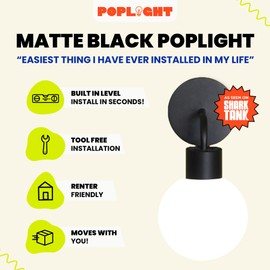 Poplight Wireless Wall Sconce (Shark Tank) Rechargeable & Dimmable LED Light w/App Control & Damage-Free Install, Moveable Modern Ambient Lighting for Elegant Home & Bedroom Decor | Matte Black