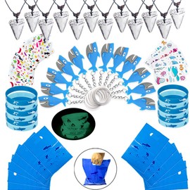 Shark Party Favor Supplies Pack -Shark Tooth Necklace Tattoo Sticker Shark Gift Bag Shark Bracelet Pin Back Button for Kids Under the Sea/Birthday/Goody Bags (66 pcs/set)