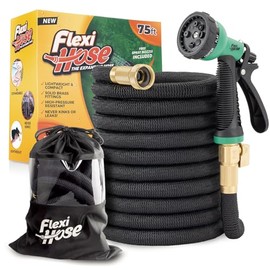 Flexi Hose PLUS con boquilla de 8 funciones, manguera de jardín expandible, manguera de jardín flexible ligera y sin torceduras, accesorios de latón macizo de 3/4 pulgadas y núcleo de látex doble, 72
