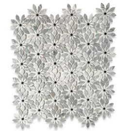 Stone Center Online Carrara White Italian Carrera Marble Wildflower Rain Flower Waterjet Mosaic Tile w/Bardiglio Gray Honed Venato Bianco Bathroom Kitchen Backsplash Floor Tile