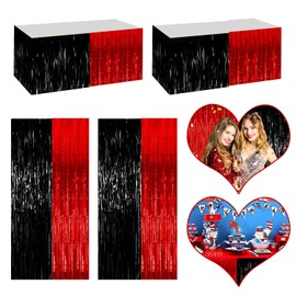 4P Metallic Foil Fringe Tinsel Table Skirts for Rectangle Tables Backdrop Banner Streamer Garland Curtains for Parade Floats Wedding Graduation Anniversary Birthday Parties Decoration (Black Red)