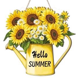 Hoblynth Hello Summer Door Sign for Home Decorations Indoor Outdoor 11" Wooden Welcome Summer Hanging Sign for Front Door Floral Watering Can Hanger for Porch Wall Decor Floral Signs for Garden