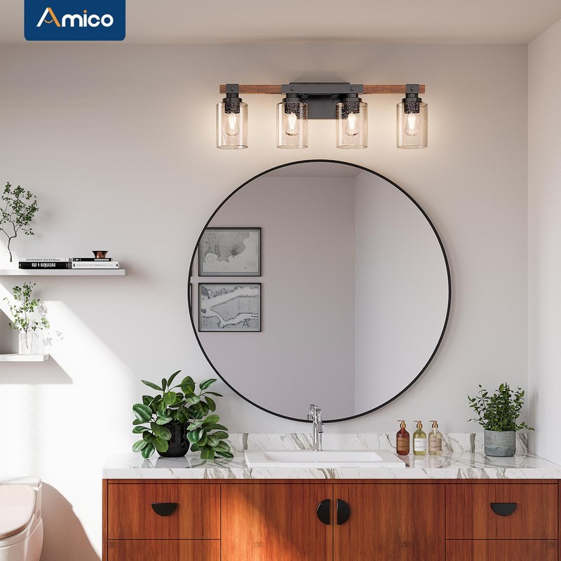 Amico Farmhouse Bathroom Vanity Light Fixtures,Rustic 4-Light Industrial Painted Wood