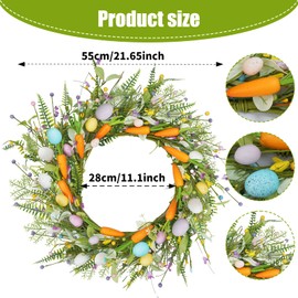 Zythrem 21 Inch Easter Wreath for Front Door Artificial Easter Egg Wreath with Colorful Eggs Carrot and Berries for Indoor and Outdoor Home Party Wall Window Garden Spring Holiday Decor