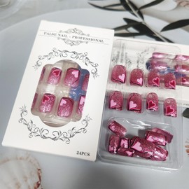 Valentines Press on Nails Short Square Red Love Heart Acrylic Fake Nails 24 Pcs Glossy Red Glitter False Nails Curve Line Stick on Nails Romantic Gift Gel Glue on Nails for Coquette Women Girls