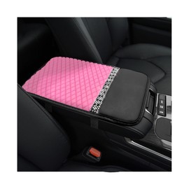 MUQIDA Bling Leather Car Center Console Cover, Anti-Scratch Armrest Seat Box Protector with Glossy Rhinestone, Sparkling Waterproof Arm Rest Cushion Pad Interior Decor for Most Vehicles (Pink)
