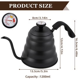 Gooseneck Kettle, 1200 ml / 40 oz Stainless Steel Kettle, Coffee Pot, Kettle, Gooseneck with Thermometer for All Hob Types, Durable and Easy to Clean, Black