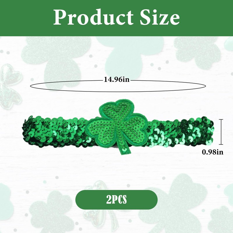 Wziys 2pcs St. Patrick's Day Green Sequins Shamrock Headbands Elastic