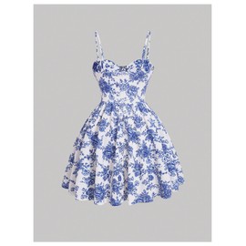 Floerns Women's Floral Print A Line Cami Dress Sleeveless Flared Short Corset Dresses Blue and White Small