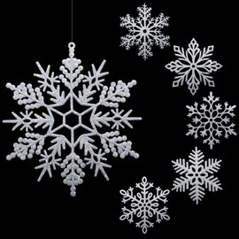 Large Snowflakes Ornaments 12" Glitter Plastic Snowflake Decorations Giant Winter Christmas Hanging Decor Oversized Snow Flakes Ornaments for Indoor Outdoor Decor(Silver, 12 Pack)