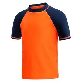 MASOCIO Children's UV Swimming Shirt UPF 50+ Swimming Shirt Boys Short-Sleeved Quick-Drying Rash Guard for Boys Size 104-158, Orange Navy, 110 - 116