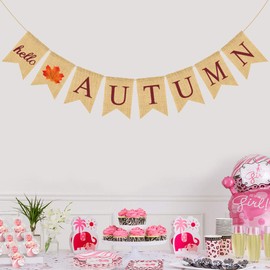 Weforu HELLO AUTUMN Burlap Banner Linen Garland Hanging Banner Bunting for Party Autumn Decorations