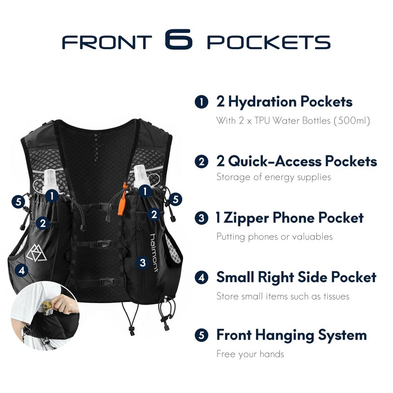 Haimont 10L Trail Running Hydration Vest with Soft Flasks Black