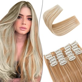 SEGO 12PCS Clip in Hair Extensions 22 Inch Long Straight Thick Hairpieces 180G Synthetic Fiber Hair For Women Full Head, Honey Blonde & Bleach Blonde