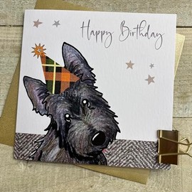WHITE COTTON CARDS SCOTTIE DOG WITH ORANGE PARTY HAT BIRTHDAY CARD, HAND FINISHED (S382)