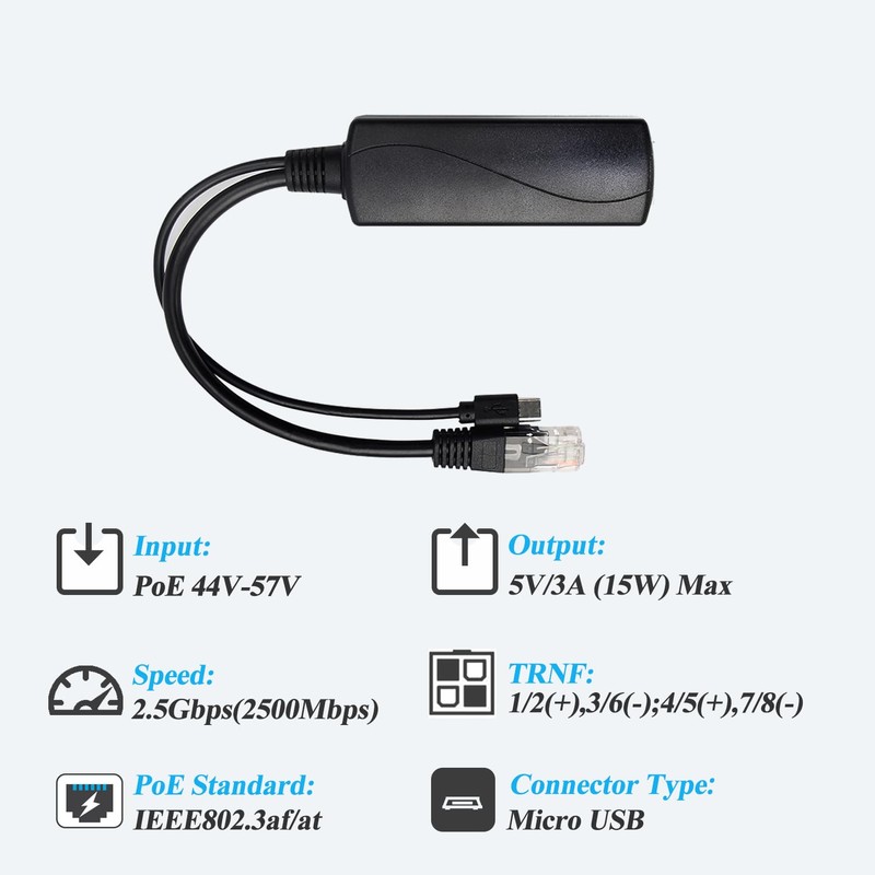 REVODATA 2.5G Micro USB PoE Splitter 5V/3A, PoE to Micro