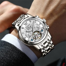 OLEVS Silver Mens Automatic Watches Self Winding Mechanical Skeleton Tourbillon Luxury Diamond Business Dress Date Wrist Watches for Men Waterproof Luminous