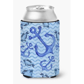 Caroline's Treasures BB7534CC Beach Watercolor Anchors and Fish Can or Bottle Hugger Cooler Washable Drink Sleeve Collapsible Beverage Insulated Holder, Can Hugger, Multicolor