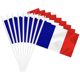 25 Pack France Mini Flags, French Small Miniature Hand Held Stick Flag With 12 Inch Solid White Pole, 5x8 Inch Flag, Outdoor Decoration, Party Decorations, Supplies for Parades, Festival Events