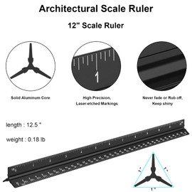 Architectural Scale Ruler, 12" Aluminum Architect Scale, Triangular Scale, Scale Ruler for Blueprint, Triangle Ruler, Drafting Ruler, Architecture Ruler for Architects & Engineers (Black)