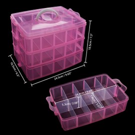 BELLE VOUS 3 Tier Pink Transparent Plastic Stackable Storage Box - Adjustable Compartment Slots - Max 30 Compartments - Container for Storing & Organising Toys, Jewellery, Beads, Arts & Crafts, Tools
