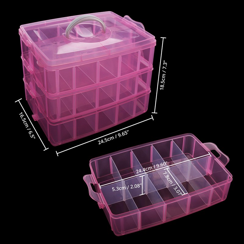 BELLE VOUS 3 Tier Pink Transparent Plastic Stackable Storage Box