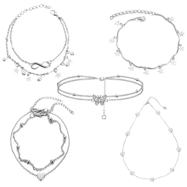 DAVBNM 5 Pcs Ankle Bracelets for Women, Women's Anklets for