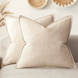 Foindtower Decorative Linen Farmhouse Throw Pillow Covers 18x18 Set of 2, Neutral Modern Cushion Covers with Stitched Edge, Rustic Home Decor for Couch Sofa Chair Living Room Outdoor,Natural Beige
