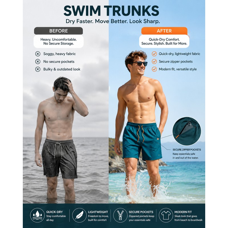 Men’s Double-Layer Swim Trunks for Beach & Pool – Quick-Dry