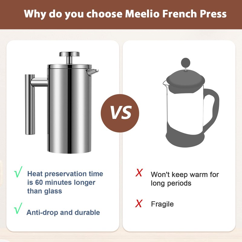 Meelio Stainless Steel French Press Coffee Maker, Double-Wall Insulated Large