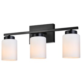 VINLUZ Black Bathroom Vanity Light,3-Light Modern Wall Sconce Lighting with Milky White Frosted Glass Shades Bath Vintage Wall Mounted Lamps for Mirror, Living Room