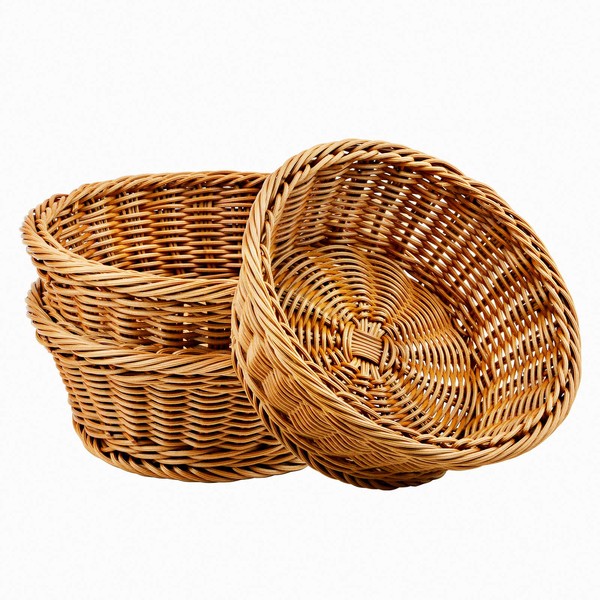 WANDIC Set of 3 Woven Polywicker Storage Baskets for Bread Food Fruit Vegetable Shops Supermarket Restaurant Kitchen Round Brown (20 x 20 x 7.5cm)