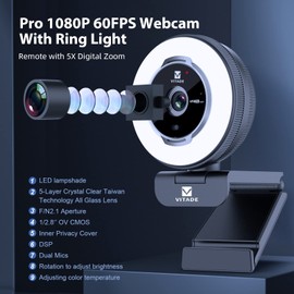 VITADE Zoomable Webcam with Remote Control, 1080P 60FPS Streaming Webcam with Adjustable Ring Light and Tripod, Pro USB 5X Digital Zoom Webcam for Zoom/Skype Teams/Laptop/Mac Windows