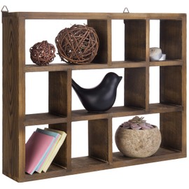 MyGift 9 Compartment Vintage Solid Wood Shadow Box, Wall Mountable Curio Display Case, Freestanding or Floating Shelf for Collectible Figurines, Succulents (Torched)